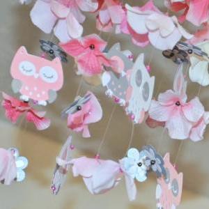 Baby Owl Nursery Mobile Pink/gray/white, Nursery..