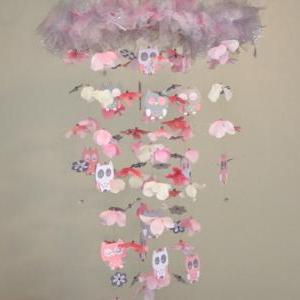 Baby Owl Nursery Mobile Pink/gray/white, Nursery..
