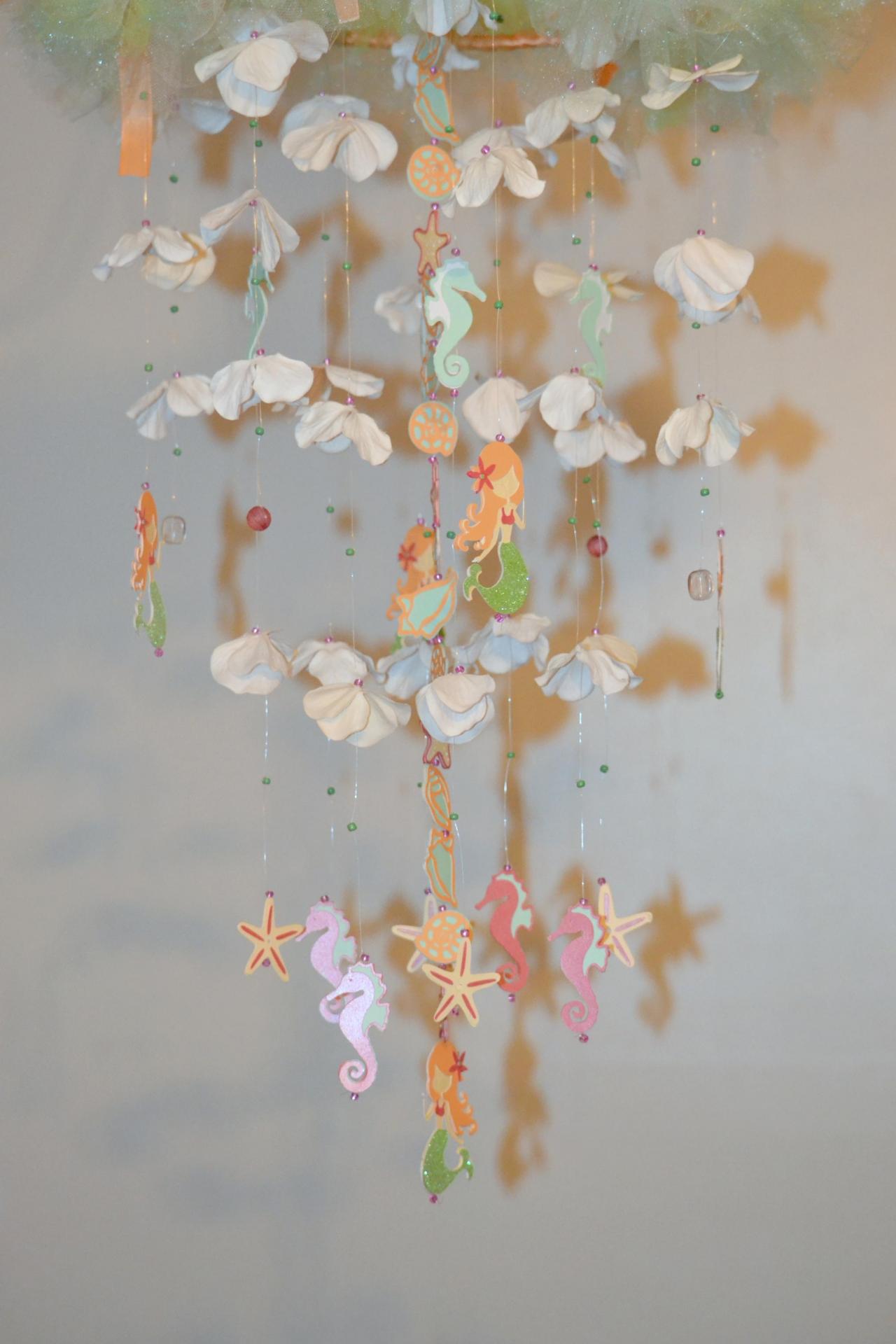 Day At The Beach (beige/blue/green/coral Mermaid Nursery Mobile) Nursery Decor Baby Shower Gift Chandlier
