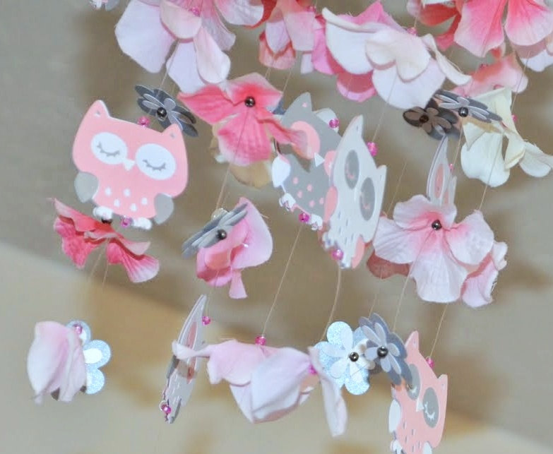 Baby Owl Nursery Mobile Pink/gray/white, Nursery Decor, Baby Shower Gift, Chandelier