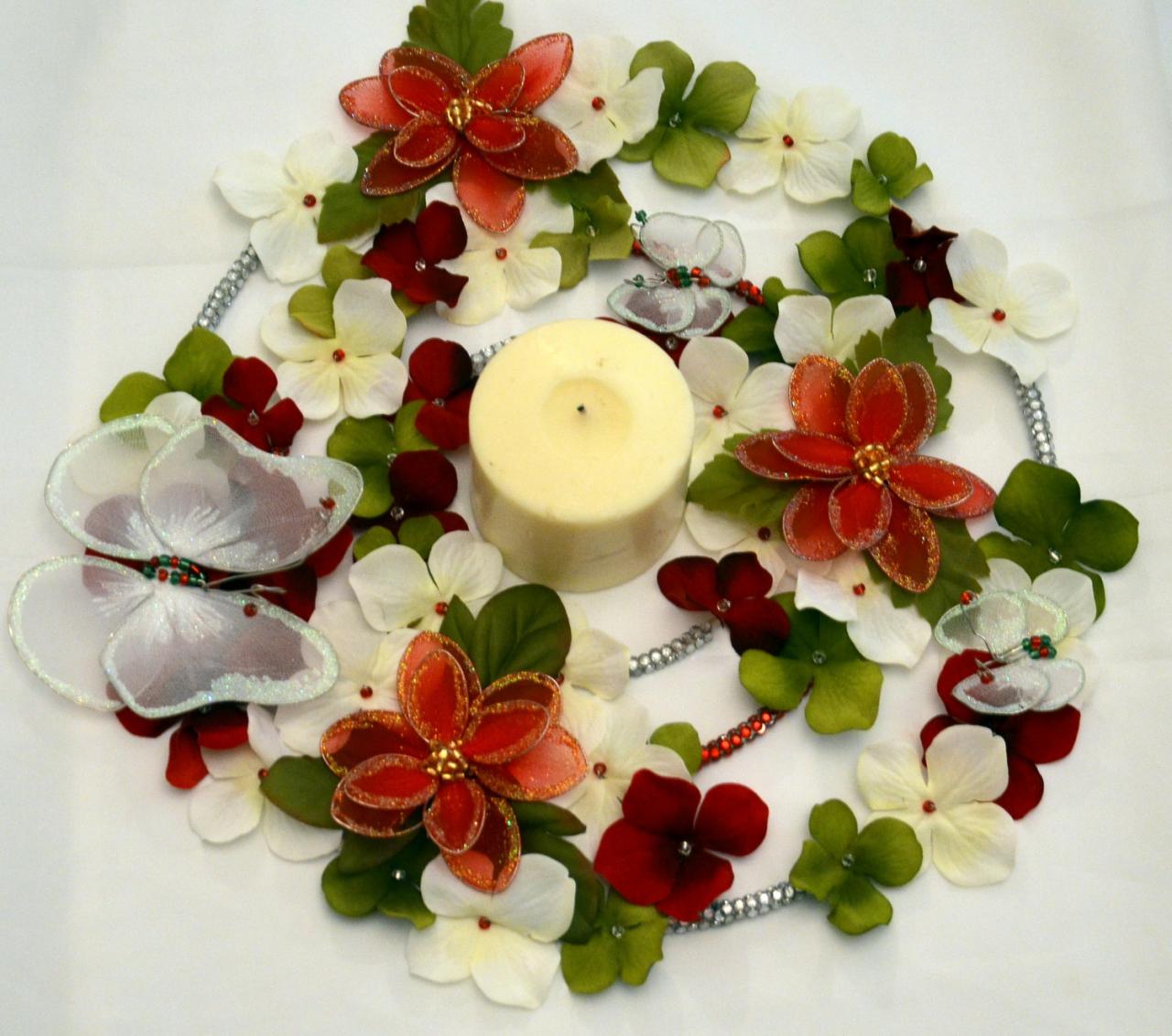 Poinsettia's And Snowy Butterfly Christmas Wreath (candle Ring)