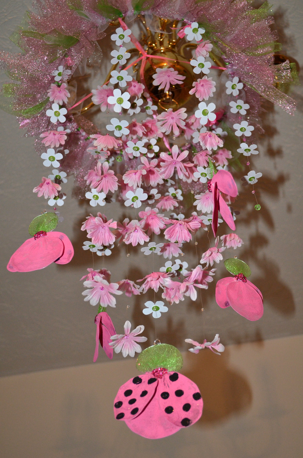 Ladybugs In Springtime (pink/green Flower Nursery Mobile), Nursery Decor, Baby Shower Gift