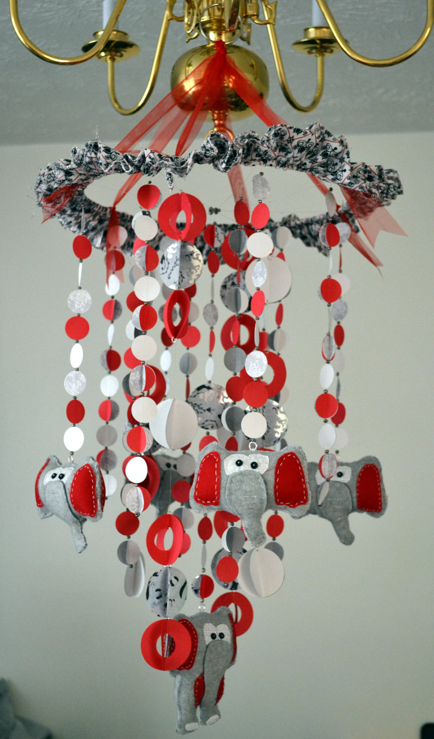 Modern Dancing Elephants Nursery Mobile Red White Gray Nursery