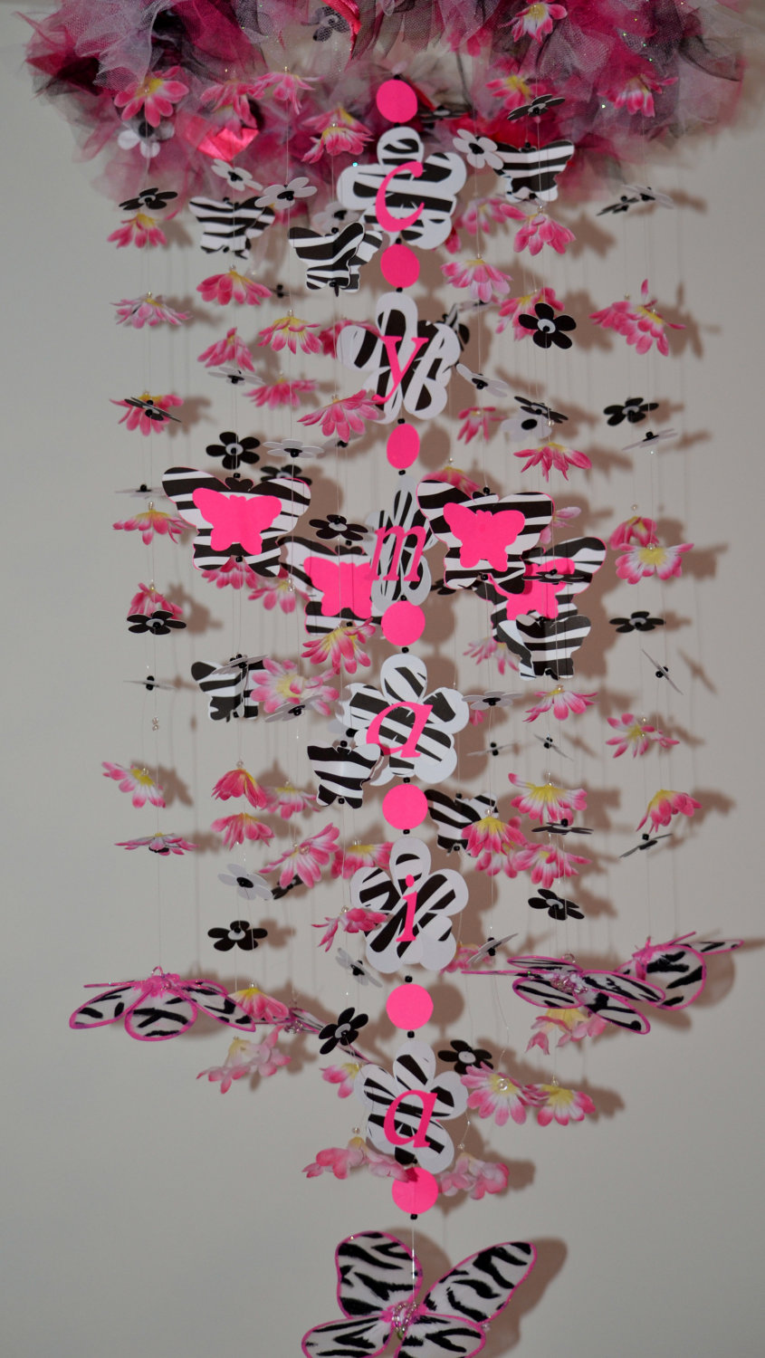 Pink And Zebra Nursery Mobile (butterfly And Flowers) Nursery Decor, Baby Shower Gift